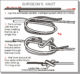 One of the quickest and strongest knots for joining leader material to line with unequal diameters. Some people get confused when looking at drawings of this simple knot because the drawings do not show the full leader length. Just remember to pass the end of the line and the whole leader through the loop twice.